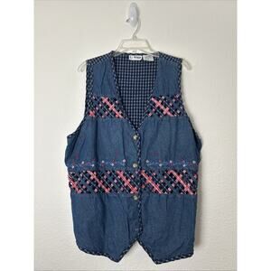 VTG V J WOMAN Womens Top Vest 1X Plus Size Denim Weave Gingham Cotton
